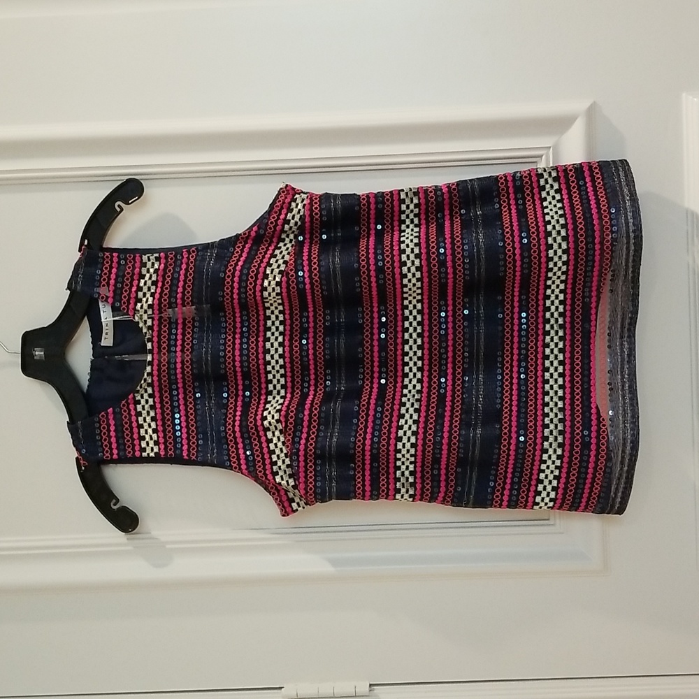 Beautiful Trina Turk embellished size 2 top blue, pink, gold orange  and sequins